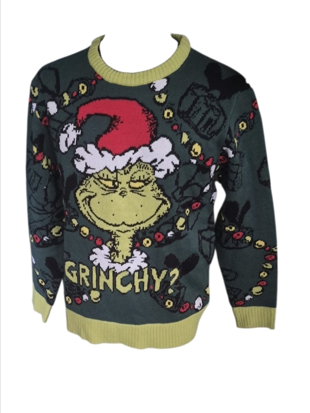 Dr. Seuss Men's Green Grinch Crewneck Sweater with Red Santa Hat